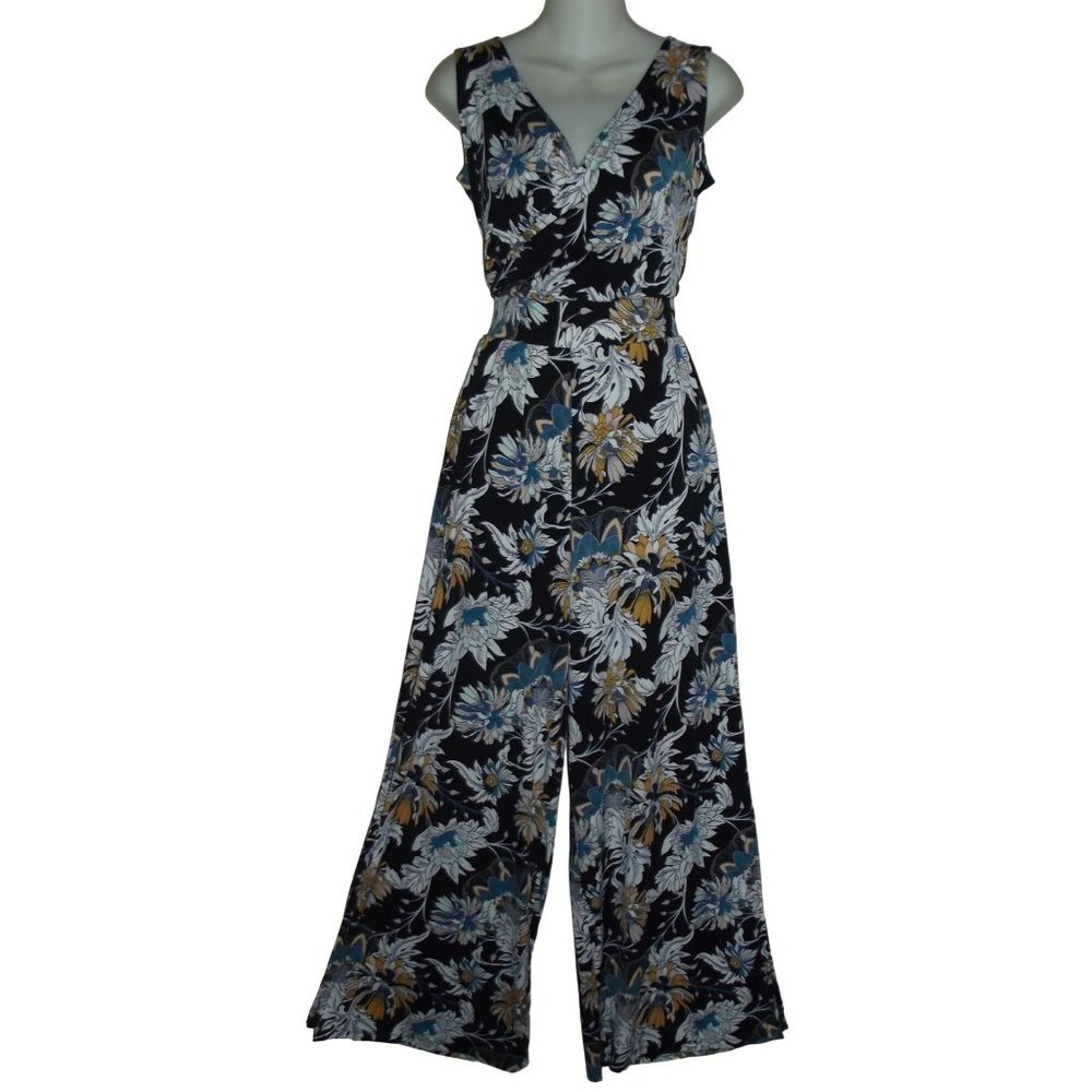 G by Giuliana XS Stretch Knit Jumpsuit high waist wide leg black floral